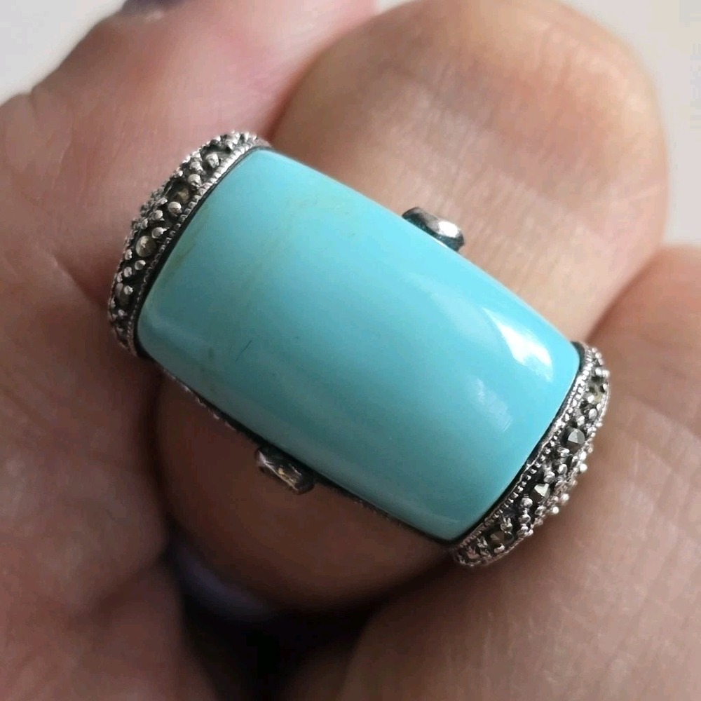 Vintage Sterling Silver 925 ATI Turquoise Blue Dome Ring w/ Marcasite Accents